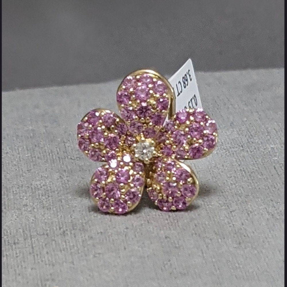 Modern pave puff DIAMOND PINK SAPPHIRE 14K yellow gold flower ring